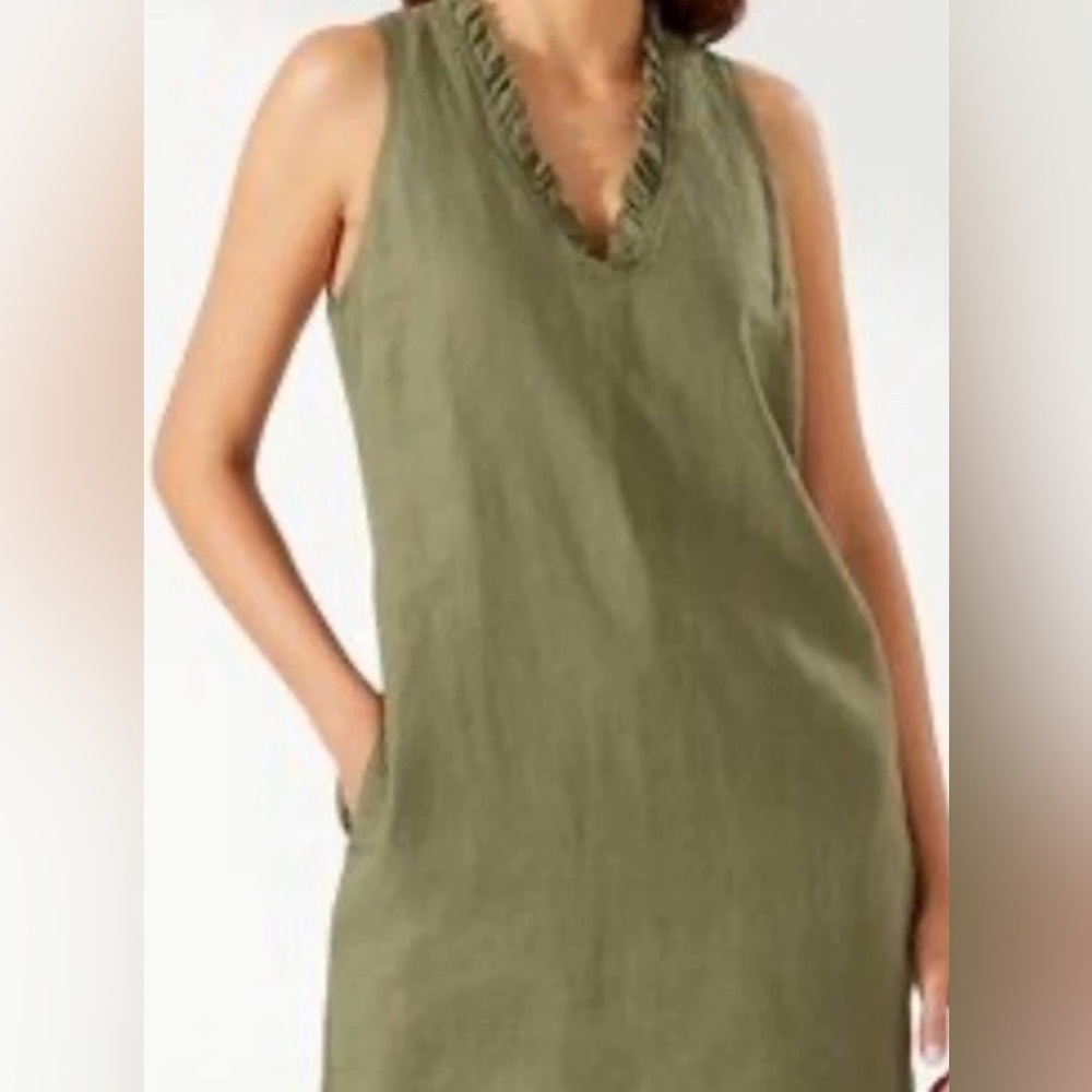 Briggs New York Linen Blend Sleeveless Shift Dress Green Ruffle Neck Size‎ Small - Picture 2 of 11